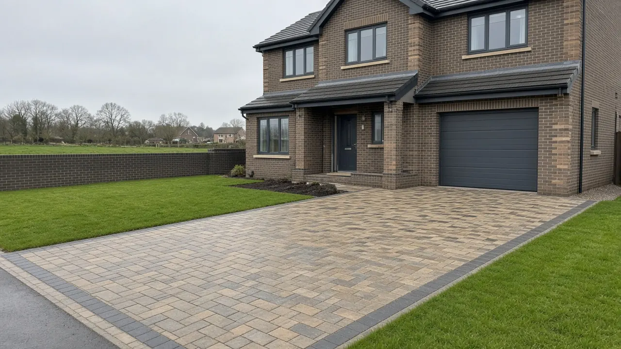 Example image: tumbled block paving with a charcoal border outside a new-build house