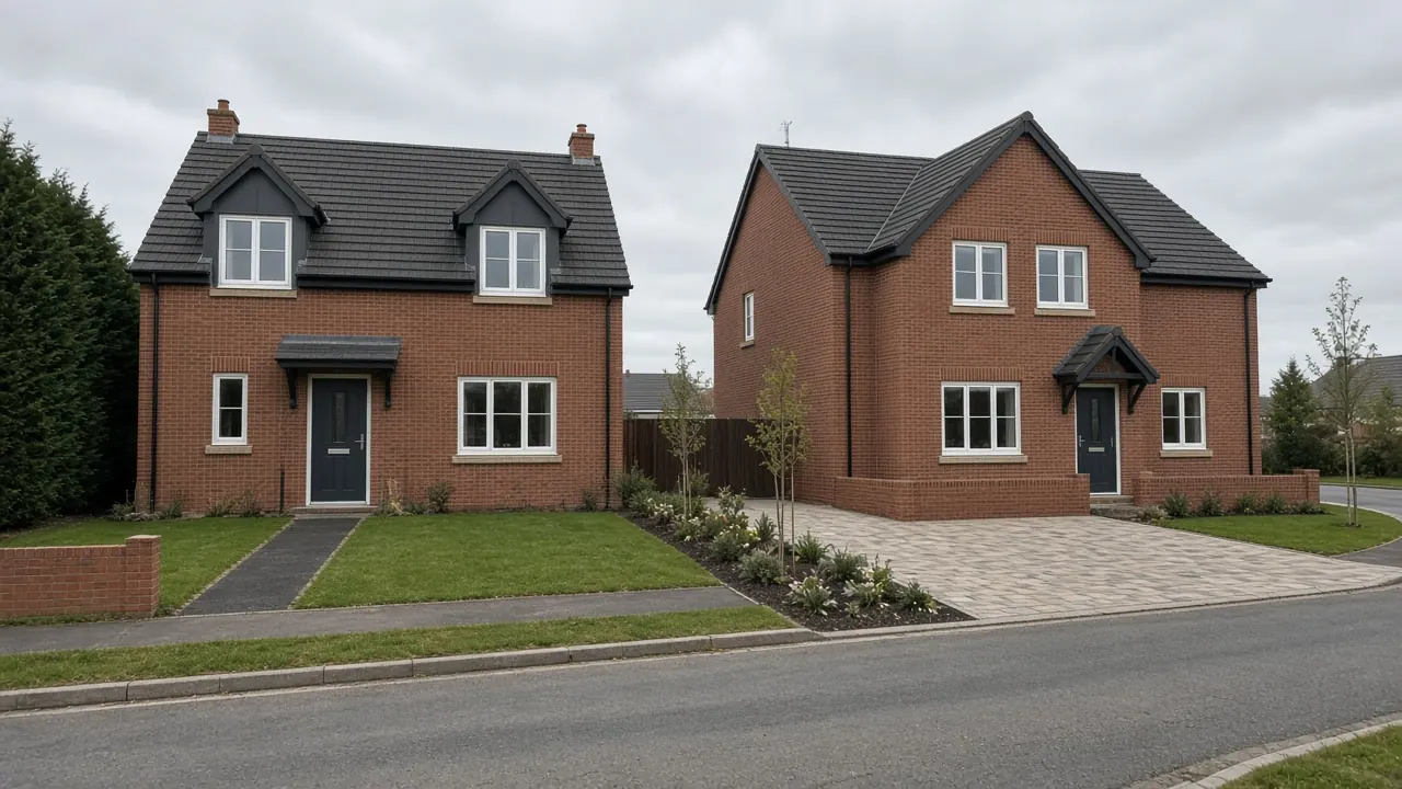 Example image: new-build homes, one with an upgraded block paved driveway