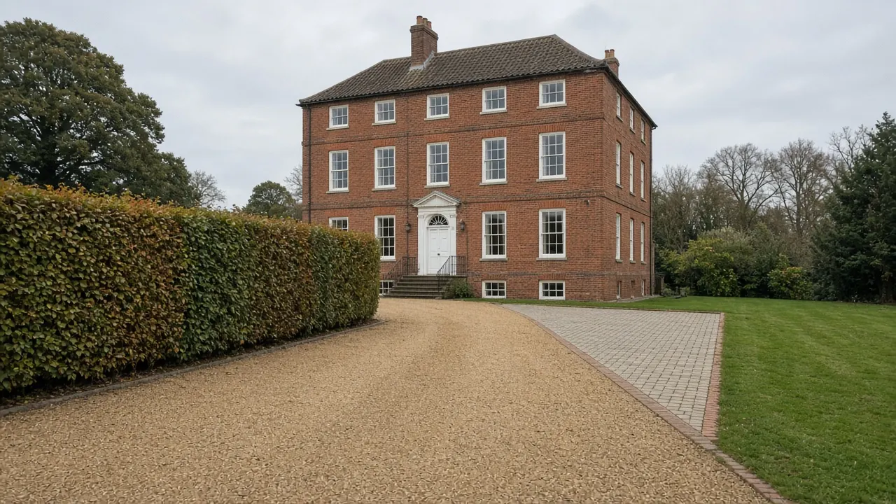Example image: a golden gravel driveway with paved apron at a red-brick house