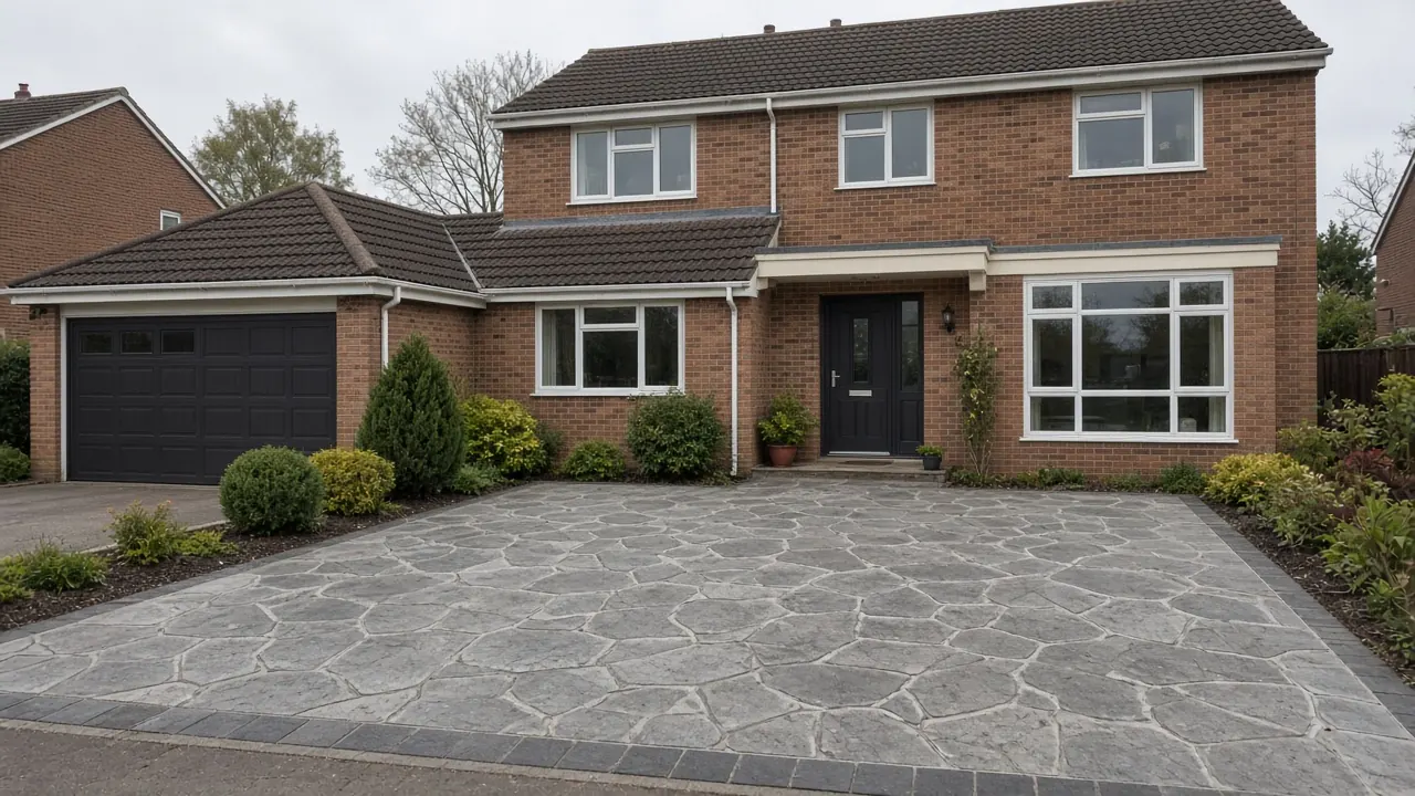 Example image: grey printed concrete driveway with random stone pattern